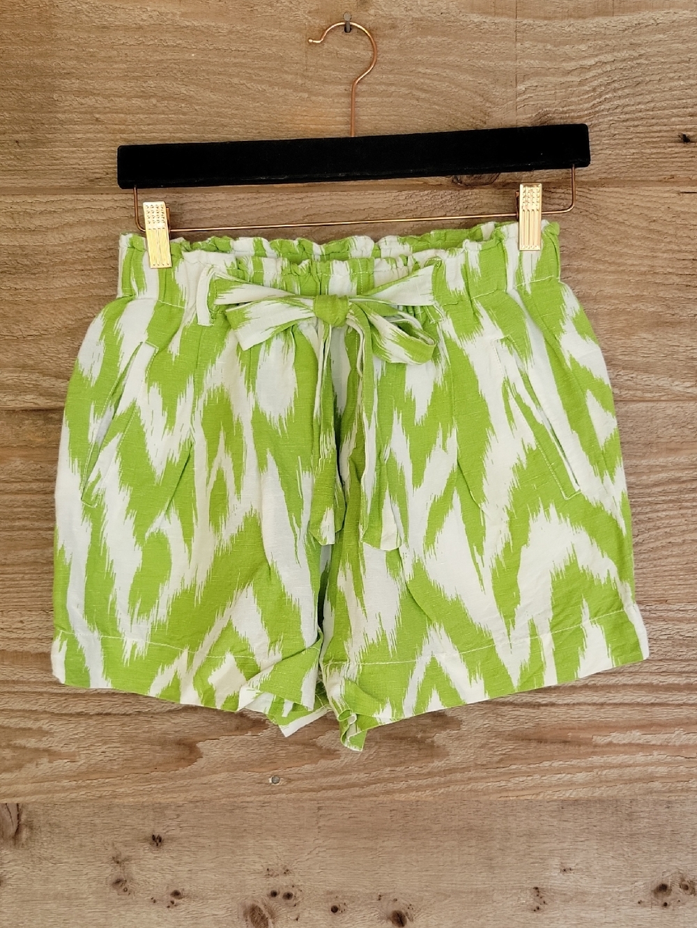 Anthropologie Lime Green & White High-Waist Tie-Front Shorts